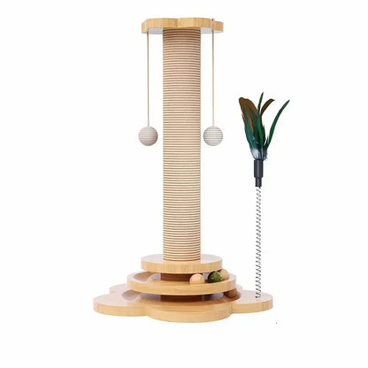 Cat Scratching Post - 4 in 1 Scratching Post, Wooden Cat Scratch Post with 2 Level Sisal Balls & 2 Sisal Hanging Balls for Indoor Kittens, Gifts